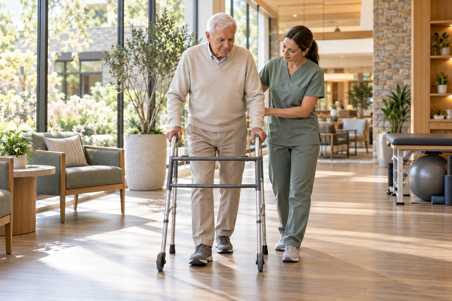 An older adult working with a rehabilitation professional in a warm, sunlit care setting